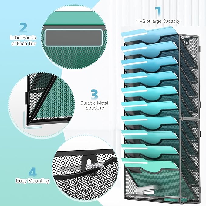 11-Tier Wall File Organizer Hanging Wall File Holder Wall Mount Paper Folder - Image 3