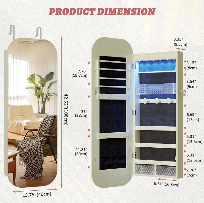LVSOMT Round Mirror Jewelry Cabinet Door Hang, Jewelry Armoire - Image 4