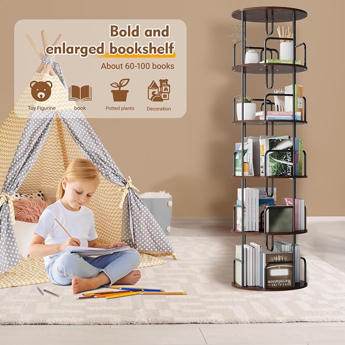 GDFStudio Rotating Bookshelf Tower, 5 Tier 360° Spinning Bookcase, Tall Narrow - Image 6