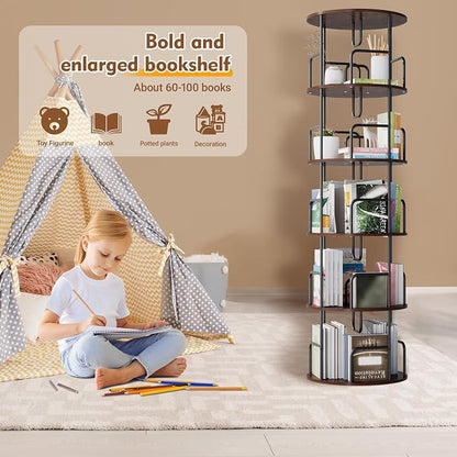 GDFStudio Rotating Bookshelf Tower, 5 Tier 360° Spinning Bookcase, Tall Narrow - Image 6