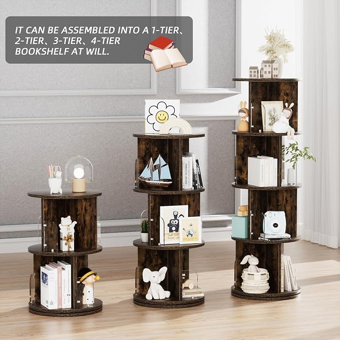 VECELO Rotating Bookshelf Tower, 360°Revolving Bookcase, Round Book Shelf - Image 7