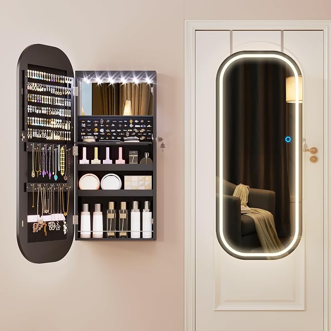LVSOMT LED Mirror Jewelry Cabinet, Wall/Door Mount Jewelry Mirror Organizer - Image 2