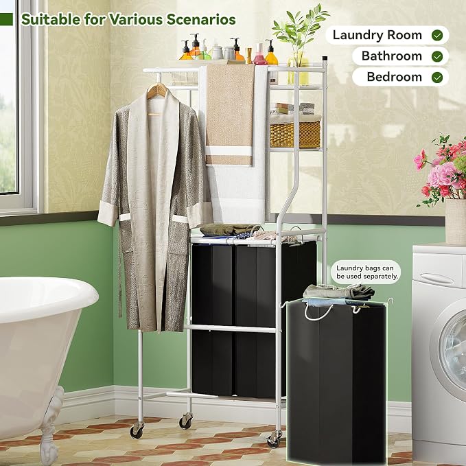 Laundry Sorter with Hanging Clothes Rack, Rolling Laundry Cart with Wheels & - Image 7