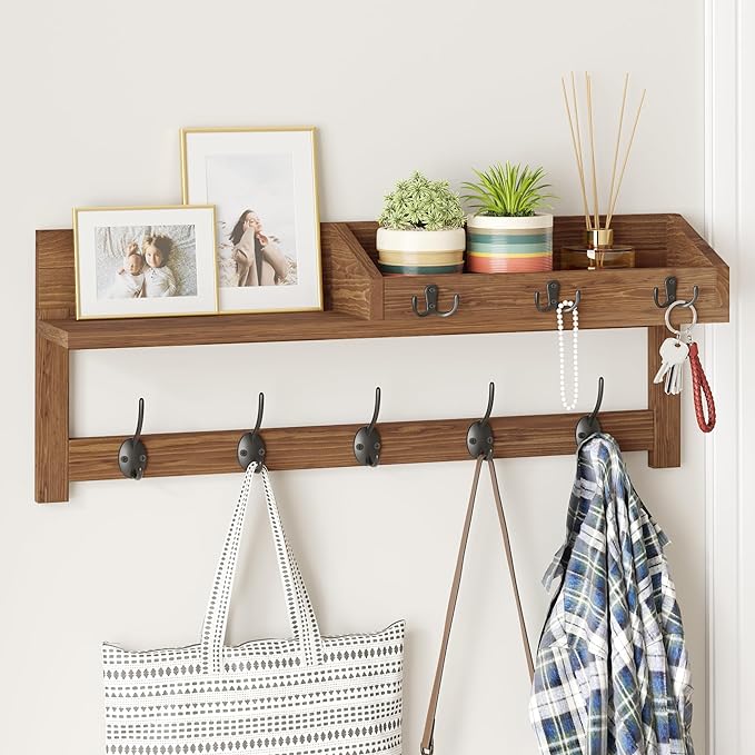 AMBIRD Wall Hooks with Shelf 26.57inch Entryway Wall Hanging Shelf Wood Coat by AMBIRD