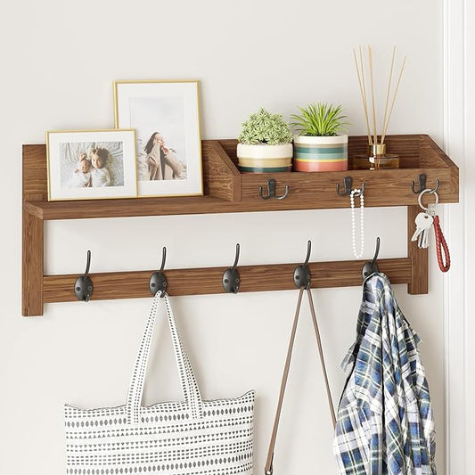 AMBIRD Wall Hooks with Shelf 26.57inch Entryway Wall Hanging Shelf Wood Coat by AMBIRD