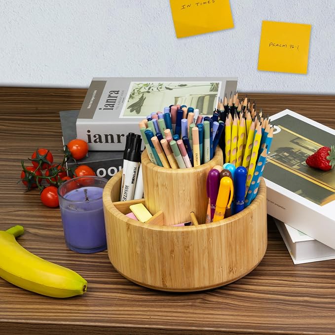 Utoplike Bamboo Rotating Art Supply Desk Organizer, Pencil Holder Organizer - Image 6