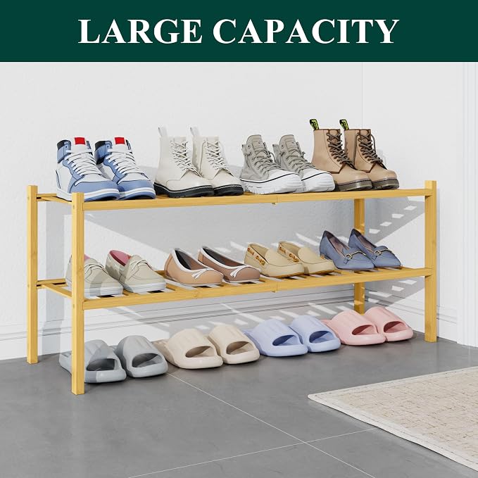 Smiry Bamboo Shoe Rack for Closet, 2 Tier Long Wooden Stackable Shoe Organizer - Image 5