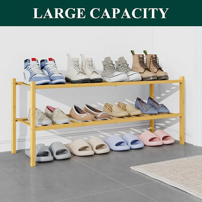 Smiry Bamboo Shoe Rack for Closet, 2 Tier Long Wooden Stackable Shoe Organizer - Image 5