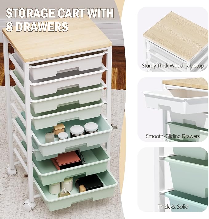 Rolling Cart with 8 Drawers, Storage Drawers Cart with Wooden Tabletop and - Image 5