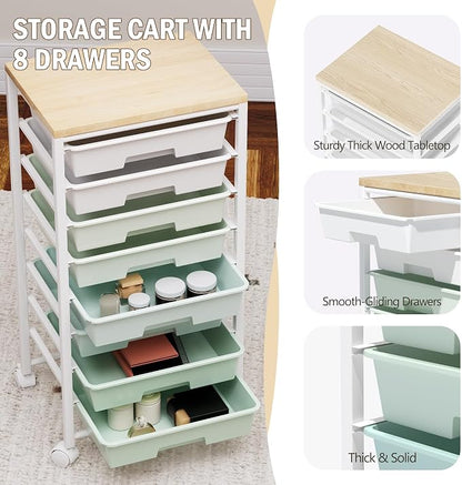 Rolling Cart with 8 Drawers, Storage Drawers Cart with Wooden Tabletop and - Image 5