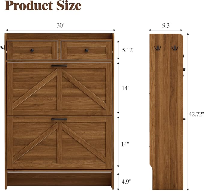 Thacuok Shoe Cabinet with 2 Flip Drawers & 2 Storage Drawers, Rustic Farmhouse - Image 2