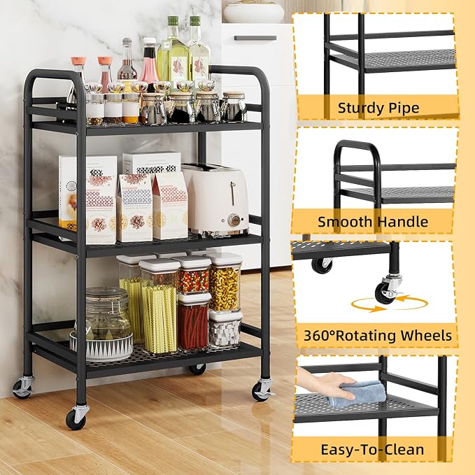 HDANI 3 Tier Rolling Cart, Heavy Duty Multifunctional Metal Frame-Supports 22 - Image 9