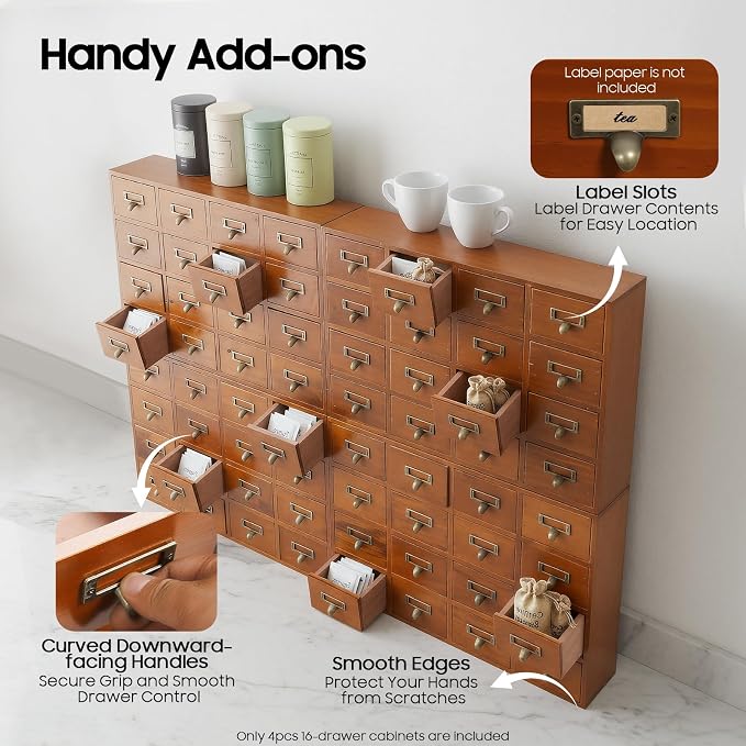 4 PCS Storage Cabinet 64 Drawer Organizer Wooden Brown Apothecary Cabinet - Image 5