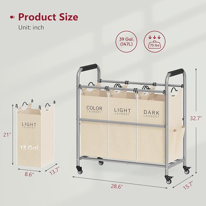 Tajsoon 3 Bag Laundry Sorter Cart, Laundry Hamper Sorter Basket - Image 8