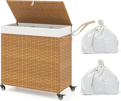 Giantex Laundry Hamper w/Wheels, 3 Section Hamper 125L w/2 Removable Liner Bags by Giantex