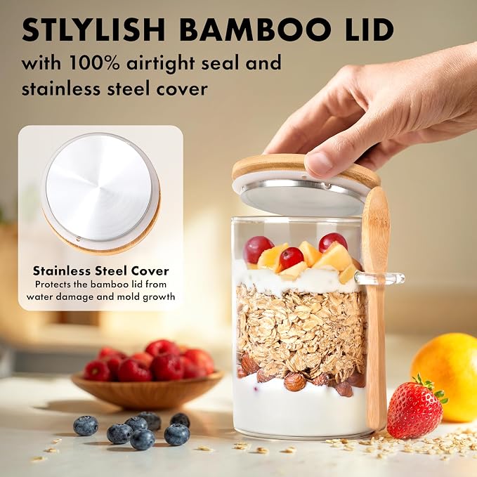 Overnight Oats Containers with Lids, Labels & Spoons Glass Jars - Image 4