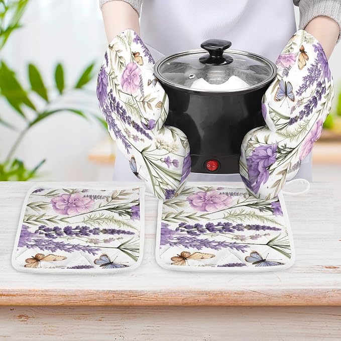 Garden Beautiful Flowers Lavender Shabby Chic Oven Mitts and Pan Racks 4-Piece - Image 6