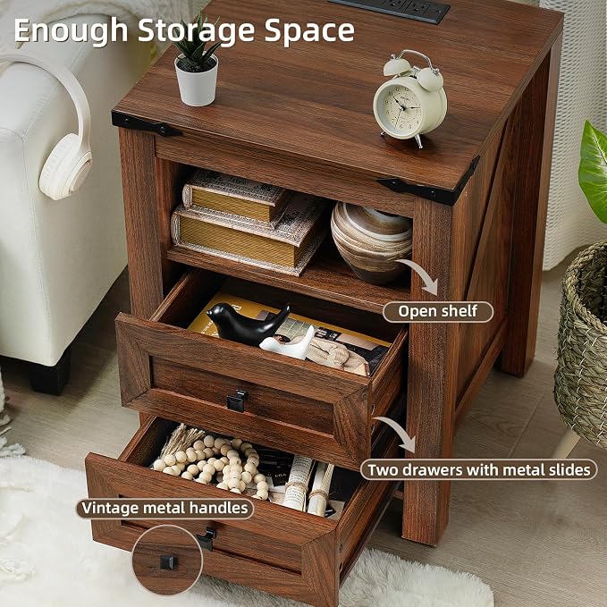 Nightstands Set of 2 with Charging Station, Farmhouse Side End Table with 2 - Image 6