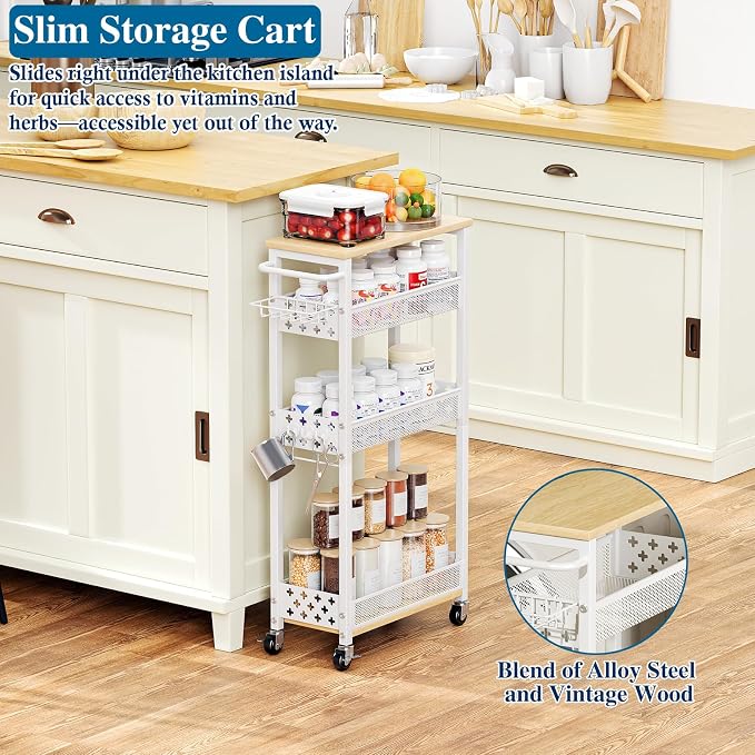 Rolling Slim Storage Cart, 4-Tier Narrow Bathroom Laundry Room Organization Cart - Image 6