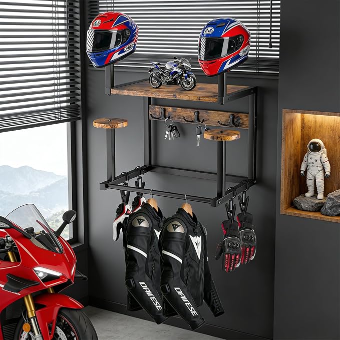Motorcycle Helmet Hanger Wall Mount, Tiered Wooden Organizer - Image 7