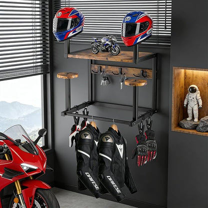 Motorcycle Helmet Hanger Wall Mount, Tiered Wooden Organizer - Image 7
