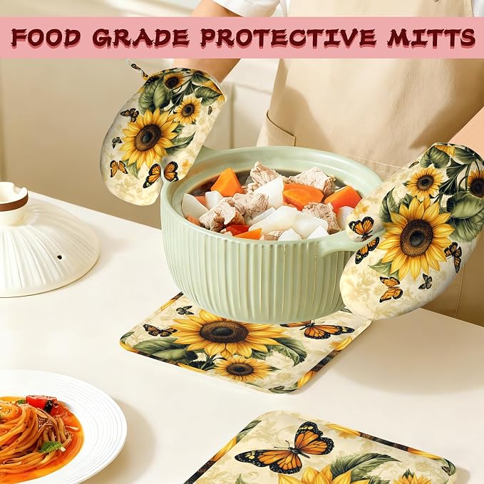 Vintage Sunflower Silicone Oven Mitts and Pot Holders, Butterfly Heat-Resistant - Image 7