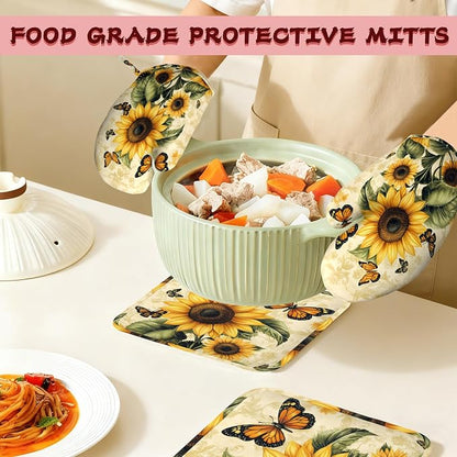 Vintage Sunflower Silicone Oven Mitts and Pot Holders, Butterfly Heat-Resistant - Image 7