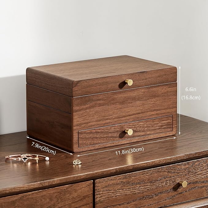 Wooden Jewelry Box for Women, 3 Level Multi-functional Drawers Black Walnut - Image 2