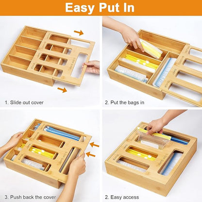 DUJEN Plastic Bag Organizer for Drawer, Bamboo Food Storage Bags Container - Image 4