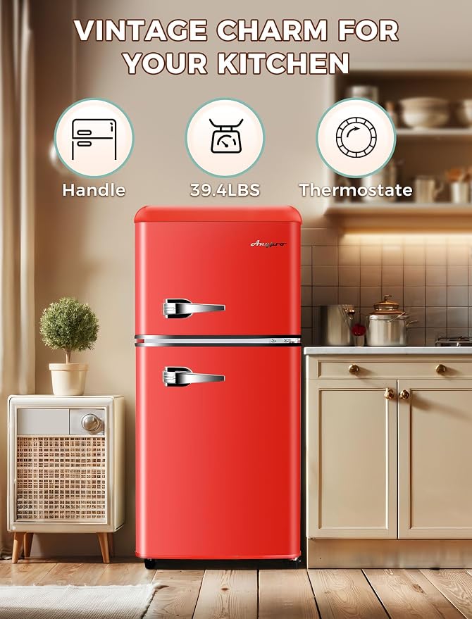 3.2 Cu.Ft Retro Fridge with Freezer, Double Door Refrigerator with 7 Level - Image 2