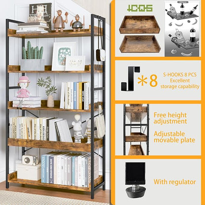 HCHQHS 5 Tier Bookshelf, Adjustable Industrial Bookcase, Vertical Tall Book - Image 5