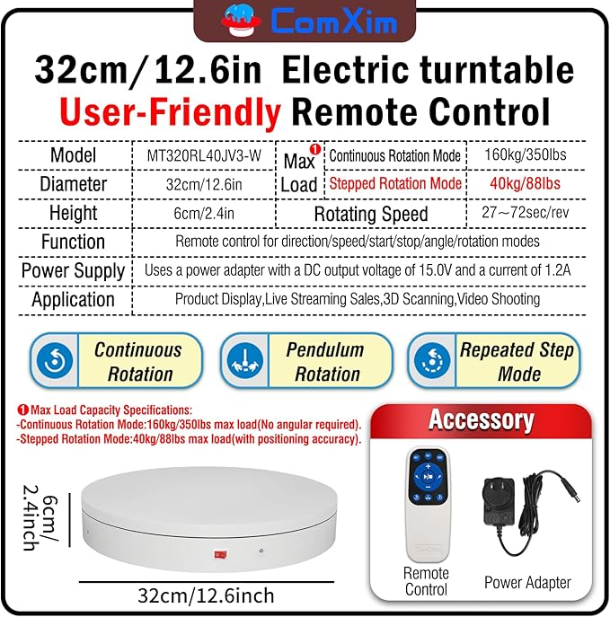 12.6Inch/350lbs Capacity Large Rotating Platform, Remote Rotating Display Stand - Image 2
