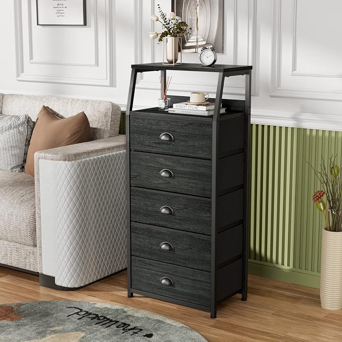 Furnulem Black Dresser for Bedroom, Fabric Dorm Tall Nightstand | 5 Drawers - Image 2