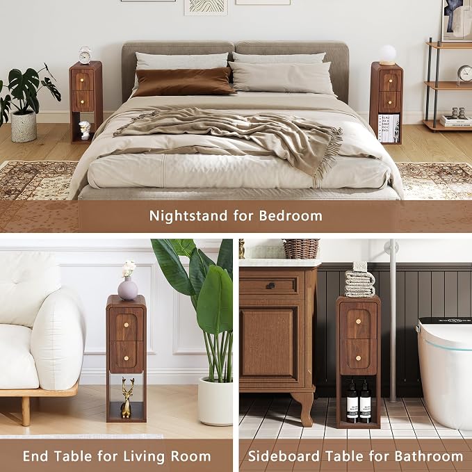 Narrow Nightstand with 2 Drawers, Small Bedside Tables, Mid-Century Modern Slim - Image 9