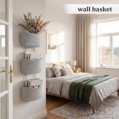 TeoKJ Over the Door Hanging Basket, 3-Tier Woven Cotton Wall-Mounted Storage - Image 3