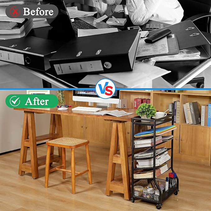 7 Tier Rolling File Cart with Sliding Trays, Wood Metal File Organizer Beside - Image 7