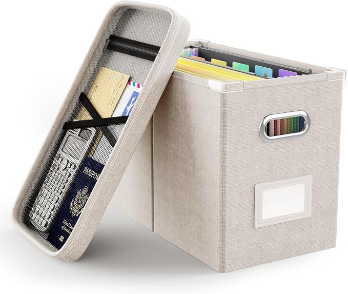 File Organizer Box with Lid, Hanging Filing File Box with Mesh Pocket, Document by Oterri