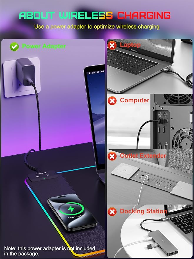TopMade Mouse Pad with Wireless Charging, 31.5" x 15.75" Large Desk Mat RGB - Image 6