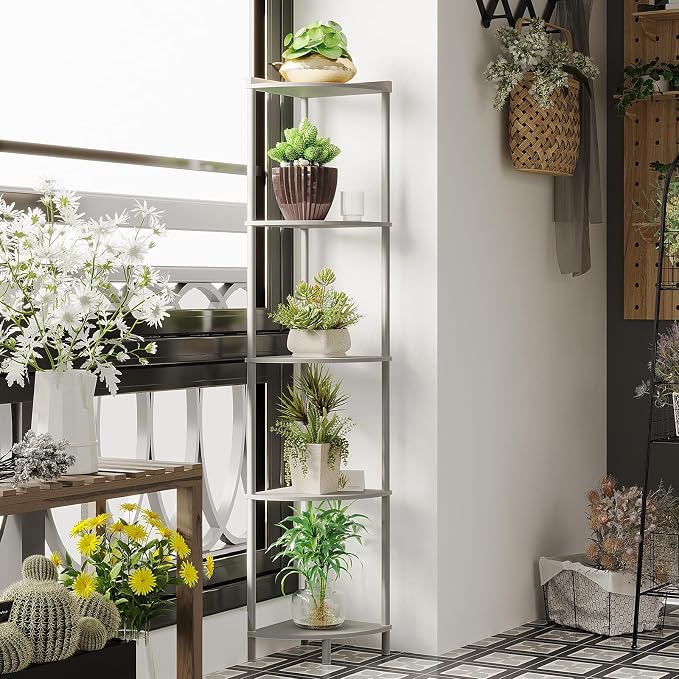 SUNMORY 5 Tier Corner Shelf, Industrial Display Shelf, Narrow Plant Stand - Image 4
