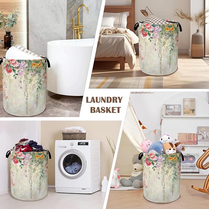 Abstract Colorful Flowers Laundry Basket, Watercolor Painting Collapsible - Image 7