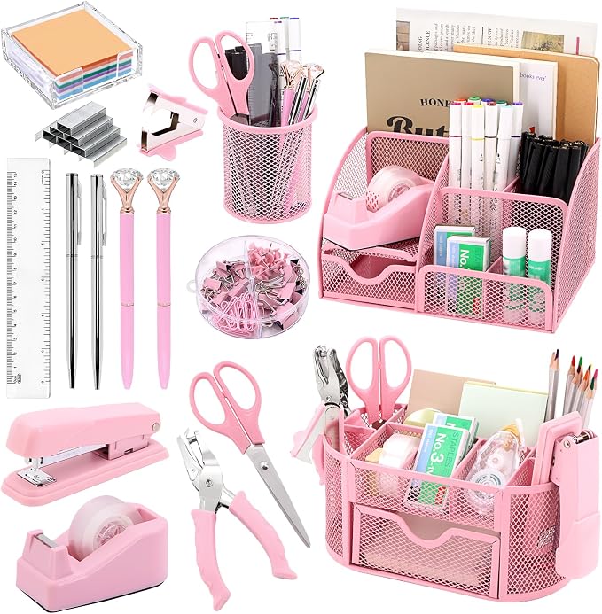 17 in 1 Pink Desk Organizers and Accessories Set, 3 Office Desk Supplies by Froidesente