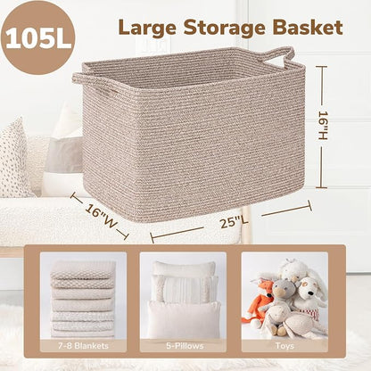Goodpick 105L Large Woven Storage Basket, Rectangle Cotton Rope Basket - Image 3