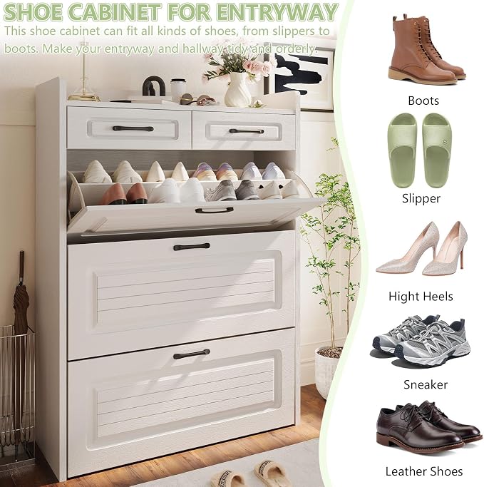 Shoe Cabinet with 3 Large Flip Drawers and 2 Storage Drawers, Narrow Shoe - Image 3
