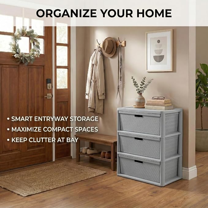 3 Drawer Wide Weave Storage Tower, Modern Style Decorative Freestanding Storage - Image 5