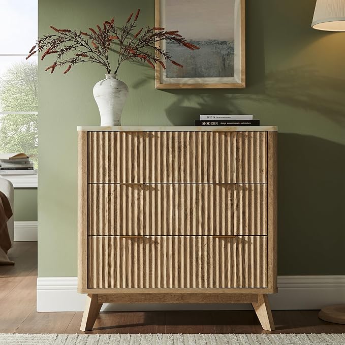 T4TREAM Fluted 3 Drawer Dresser, Curved Profile Design, Wood Drawer Organizer - Image 3