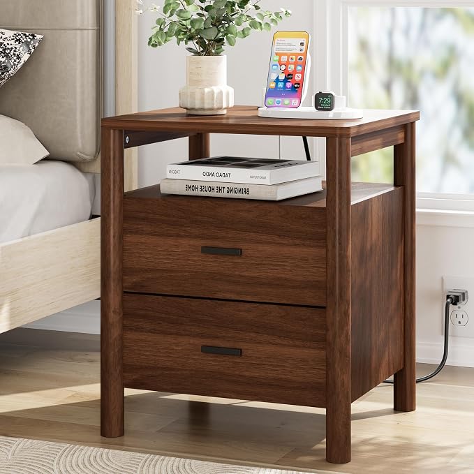 Night Stand with Charging Station, 2 Drawers Nightstand with Open Shelf by FavourLife