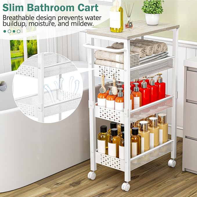 Utility Slim Storage Cart with Wheels, 4 Tier Small Rolling Cart with Wood Top - Image 3