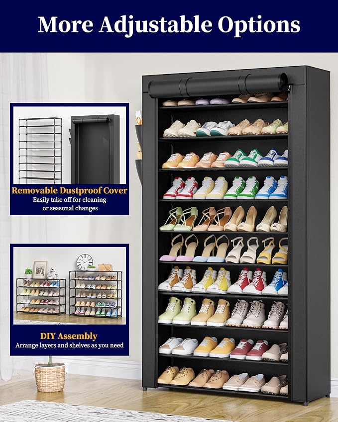 Kitsure 10-Tier Shoe Rack with Cover, Vertical Shelf, 33.6" Wide, Shoe Organizer - Image 3