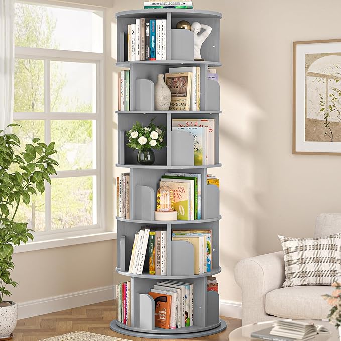 Aheaplus 6 Tier Rotating Bookshelf, Wood Spinning Bookshelf Tower, Round by Aheaplus