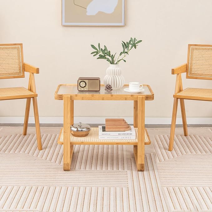 GOFLAME Bamboo Side Table with Glass Top, 2-Tier End Table with PE Rattan - Image 9
